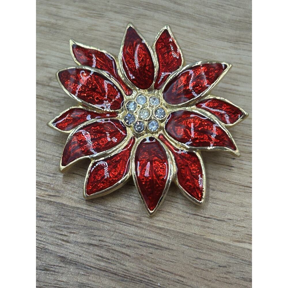 Vintage SFJ Brooch Red Poinsettia Gold Toned Metal Enamel Rhinestone Pin Pretty